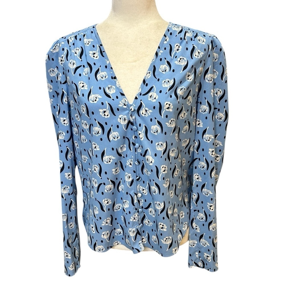 Veronica Beard Light Blue Floral Abstract Blouse Size 8